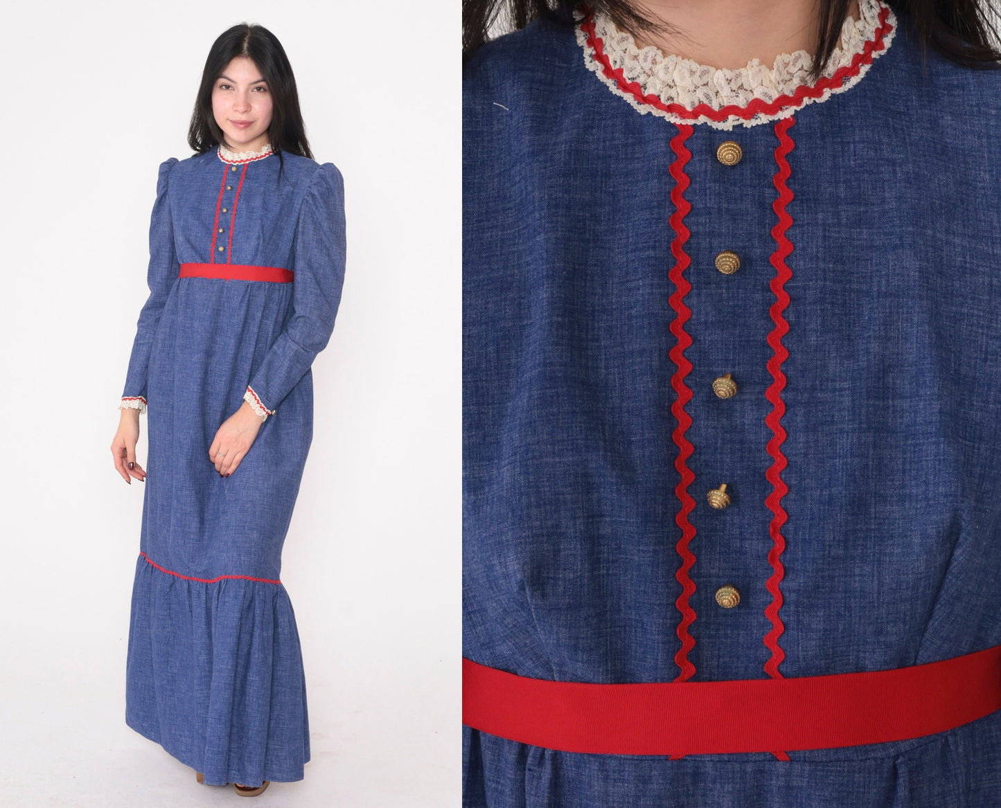 70s Prairie Maxi Dress Blue Red Lace Trim Puff Sleeve Empire Waist Extra Small
