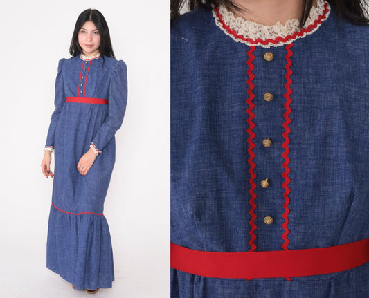70s Prairie Maxi Dress Blue Red Lace Trim Puff Sleeve Empire Waist Extra Small