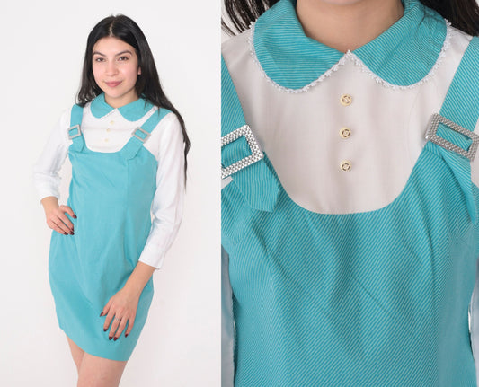 60s Mod Mini Dress Layered White Blue Peter Pan Collar Rhinestone Extra Small