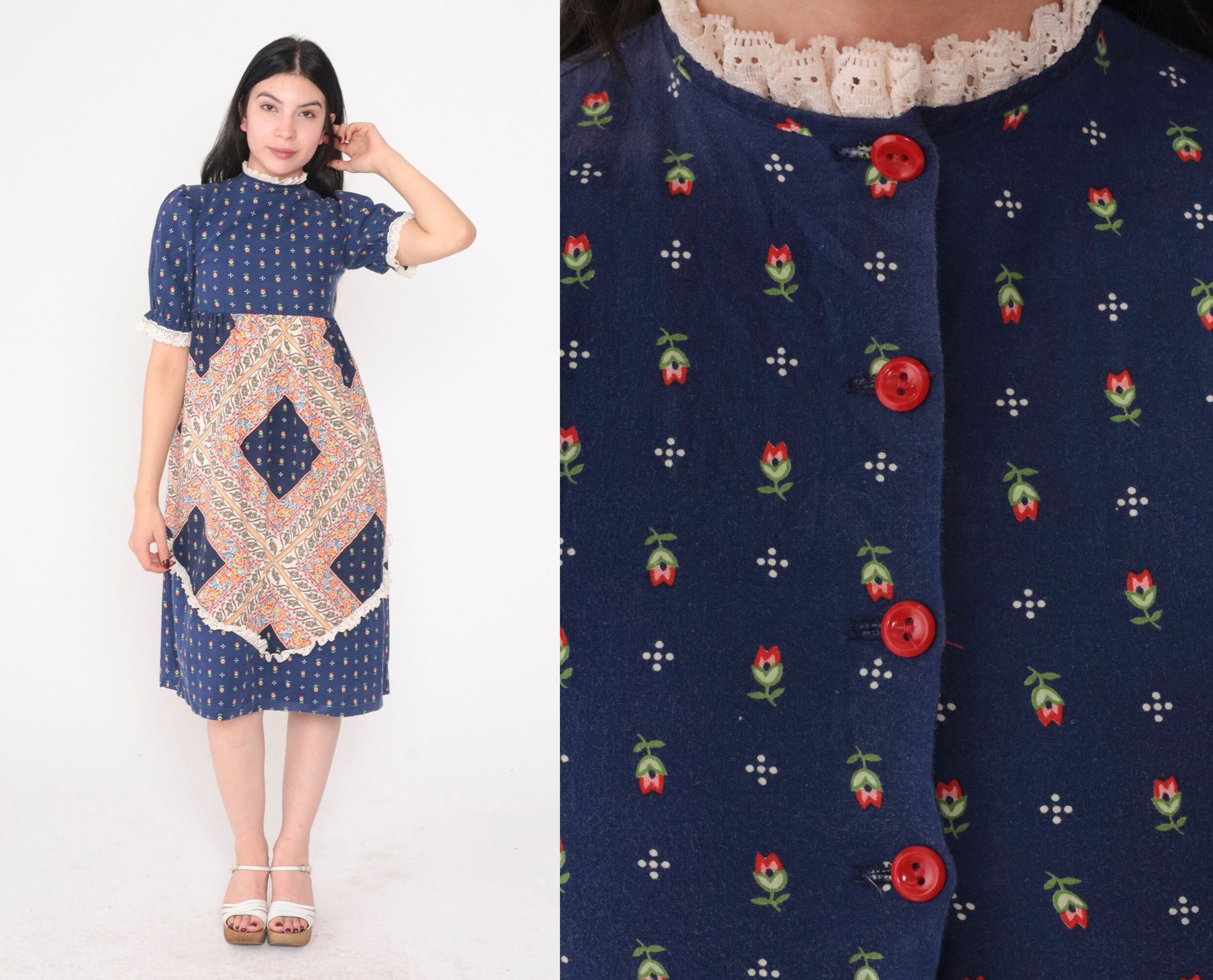 70s Arlene Airess Babydoll Dress Blue Calico Floral Puff Sleeve Mini XXS