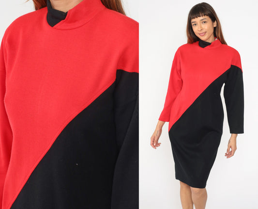 80s Color Block Dress Red Black Mock Neck Sheath Midi Long Sleeve Medium