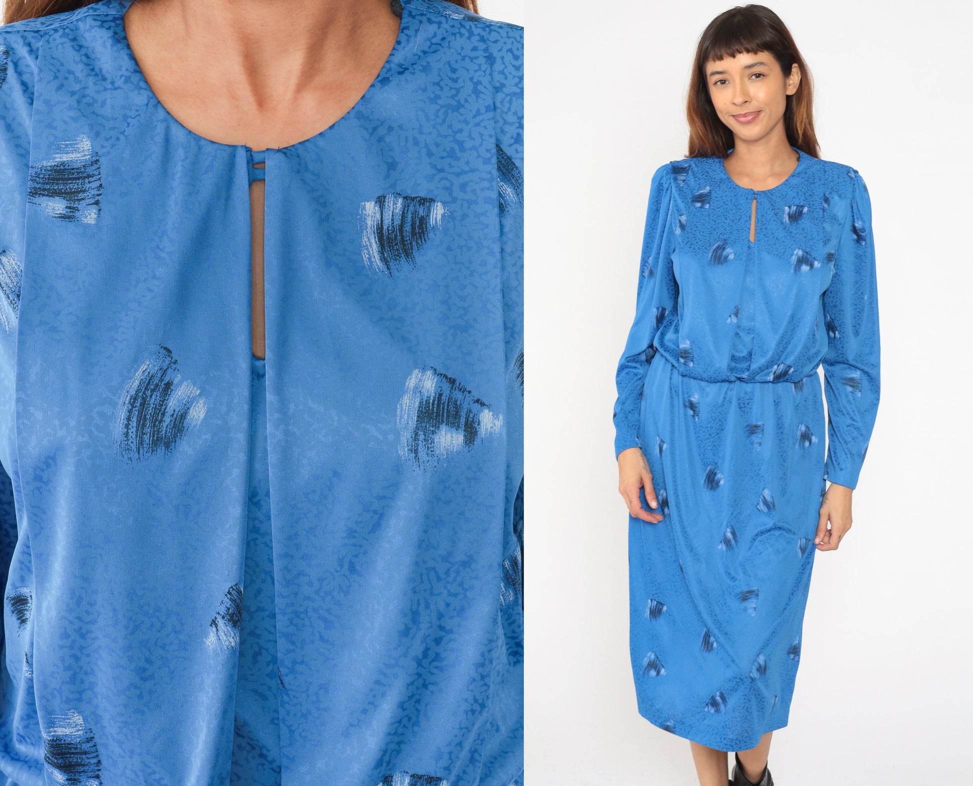 80s Blue Brushstroke Midi Dress Puff Sleeve High Waist Blouson Large