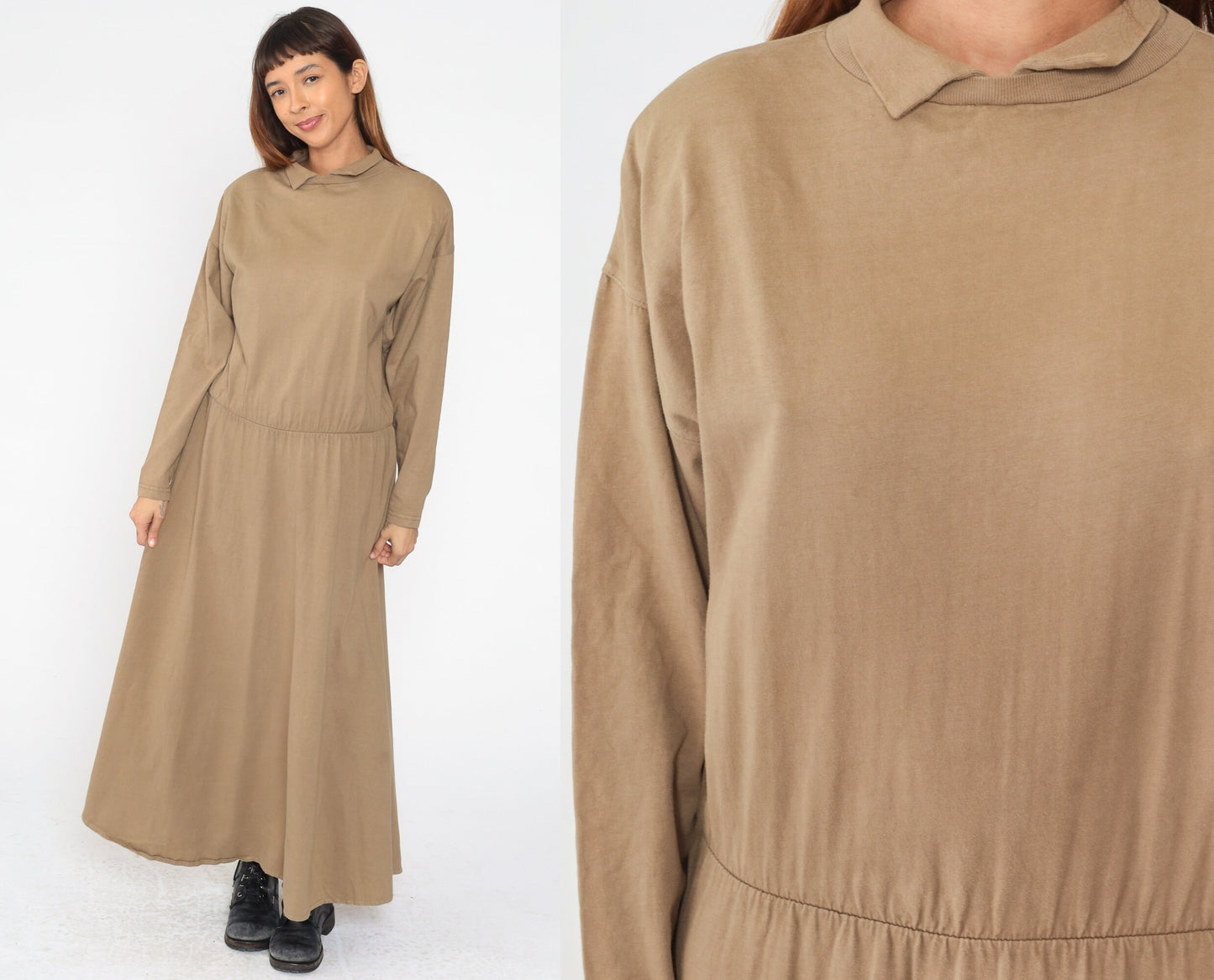 90s Brass Plum Khaki Cotton Maxi Dress Collared Long Sleeve Medium