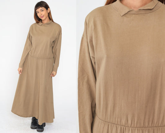 90s Brass Plum Khaki Cotton Maxi Dress Collared Long Sleeve Medium