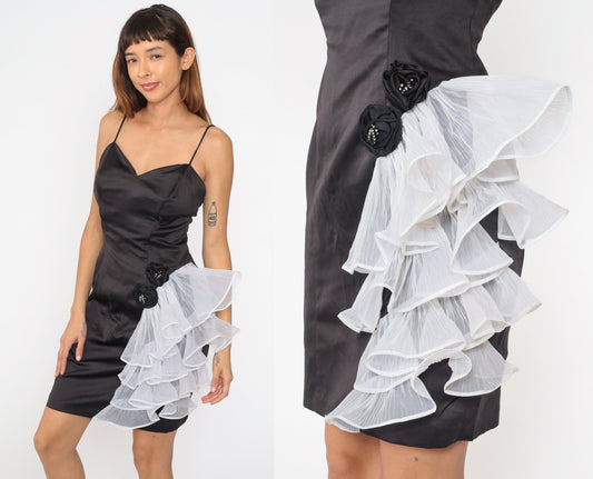 80s Black Organza Ruffle Mini Dress Sweetheart Neckline Rhinestone Rosettes Small