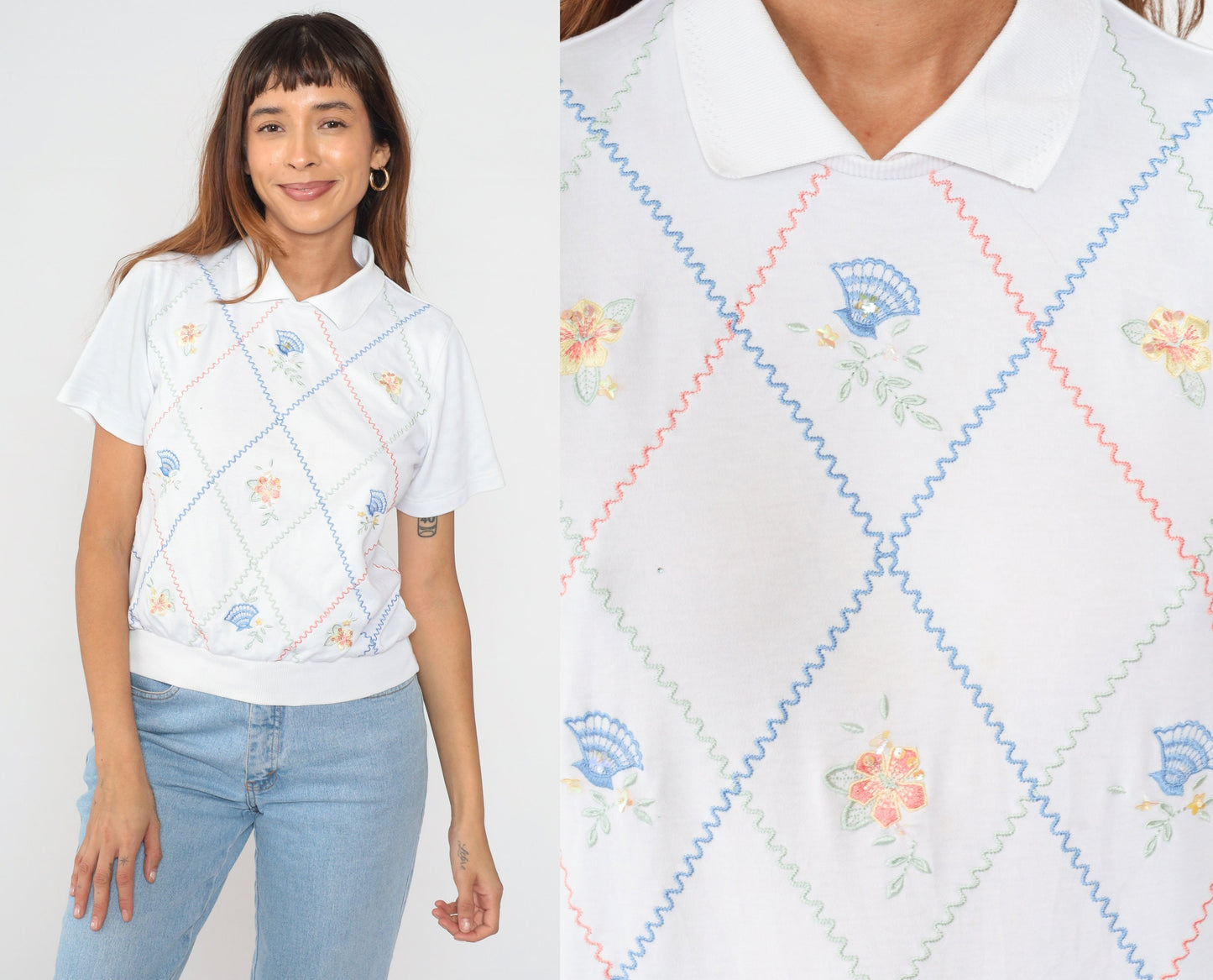 90s Alfred Dunner Floral Embroidered Polo Shirt White Sequin Pastel Small