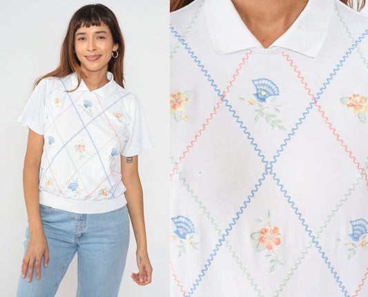 90s Alfred Dunner Floral Embroidered Polo Shirt White Sequin Pastel Small