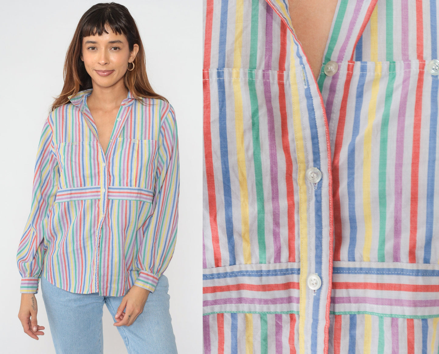 80s Rainbow Striped Button-Up Blouse Multicolor Long Sleeve Medium Large