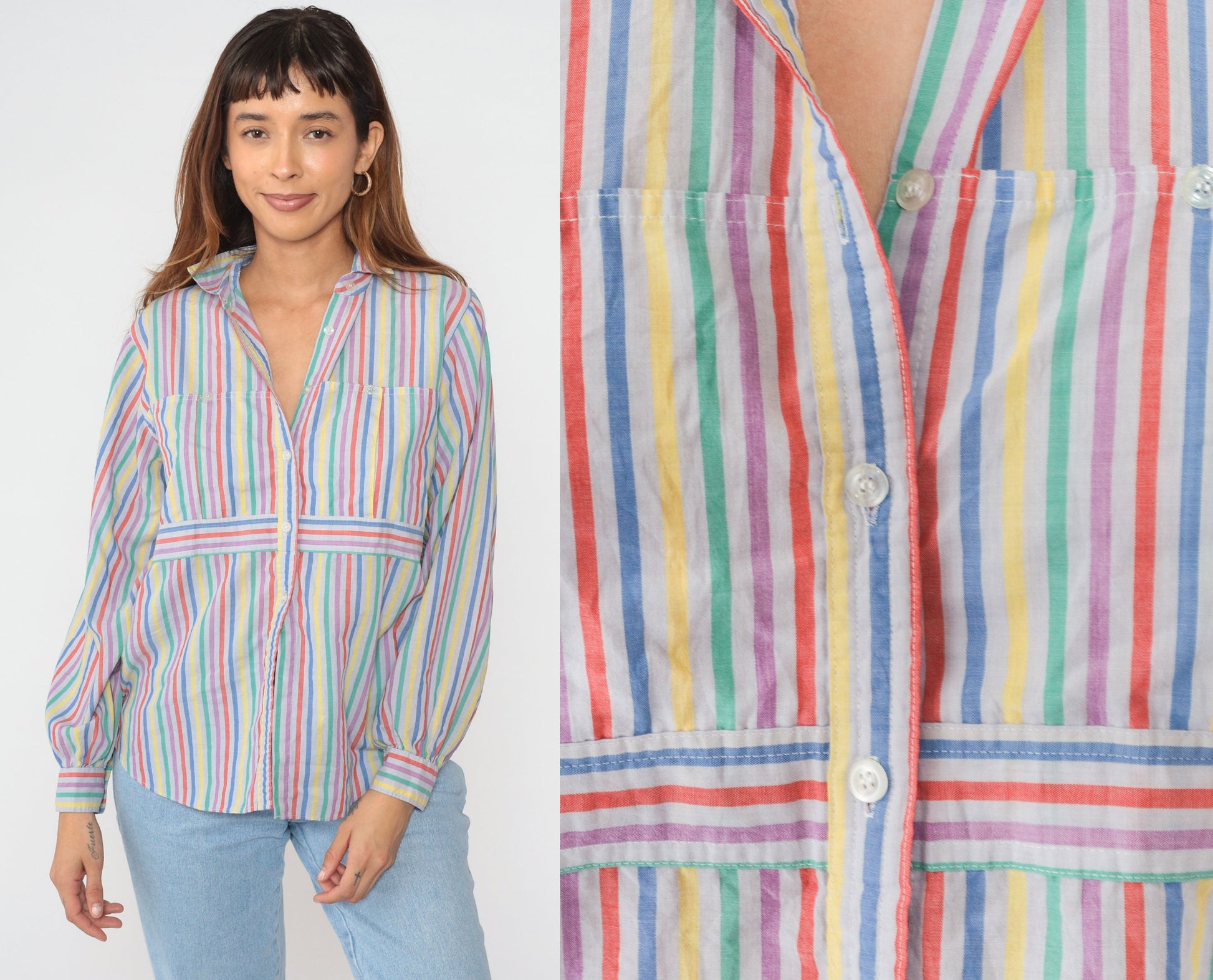 80s Rainbow Striped Button-Up Blouse Multicolor Long Sleeve Medium Large