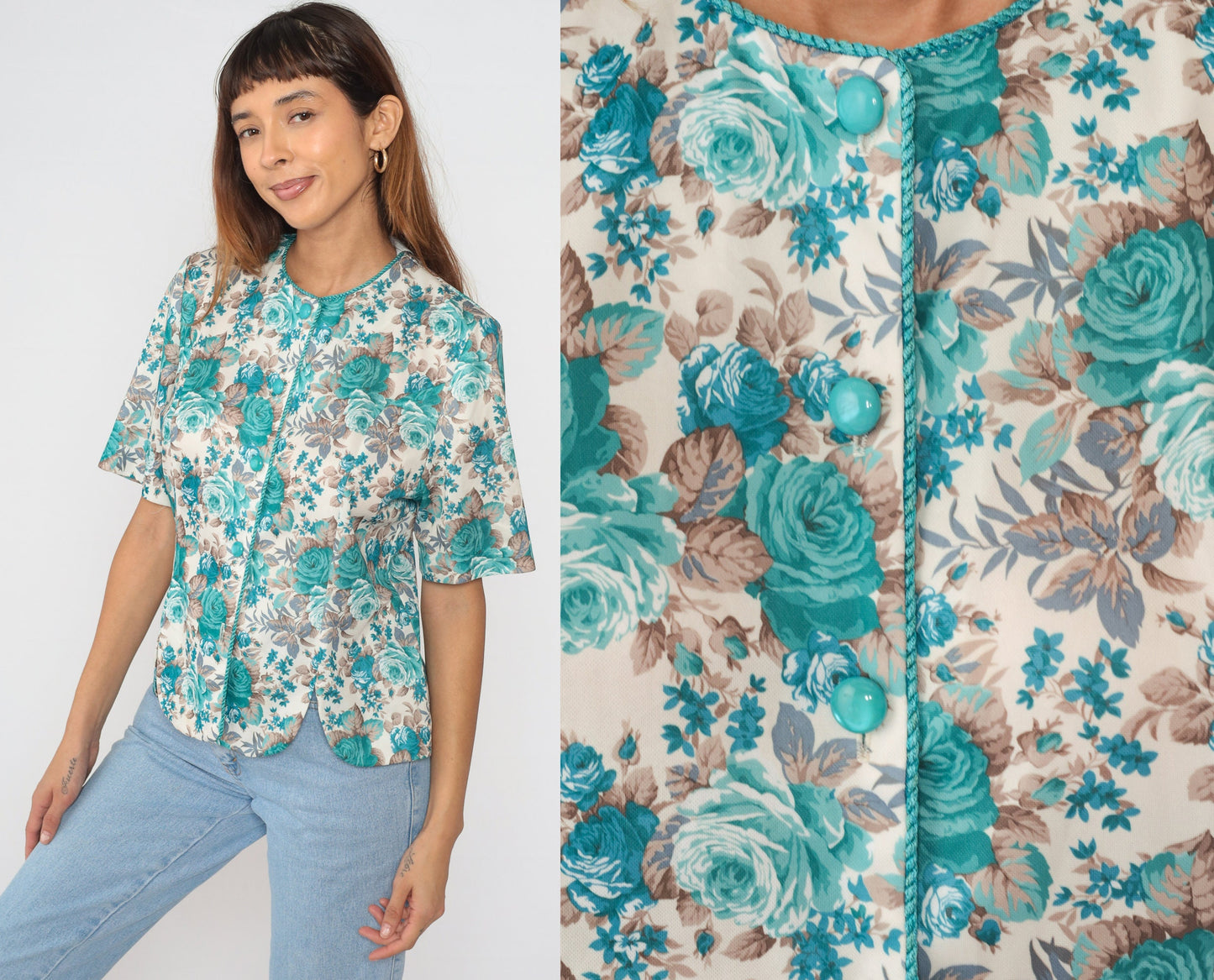 80s Blue Floral Button-Up Blouse Short Sleeve Rose Print Shirt Medium