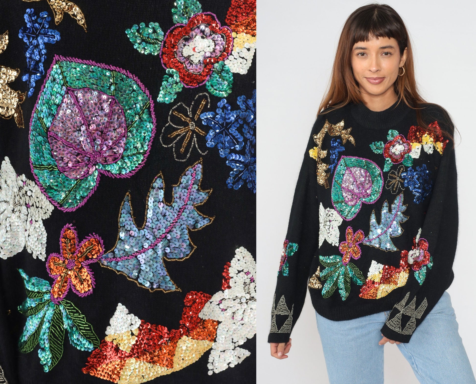 90s Black Sequin Floral Sweater Knit Pullover Silk Angora Blend Medium M