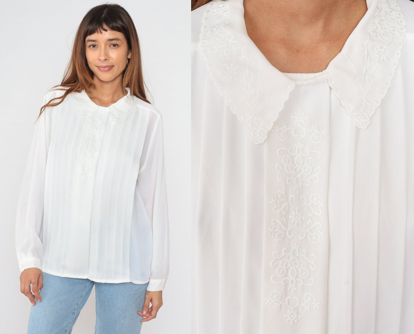 90s Karen Scott White Pleated Blouse Floral Embroidered Scalloped Collar Large L