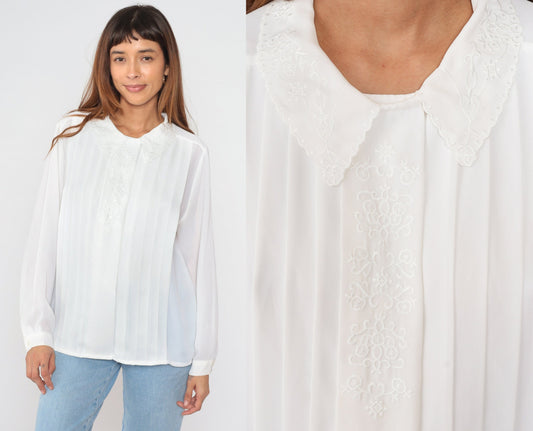 90s Karen Scott White Pleated Blouse Floral Embroidered Scalloped Collar Large L