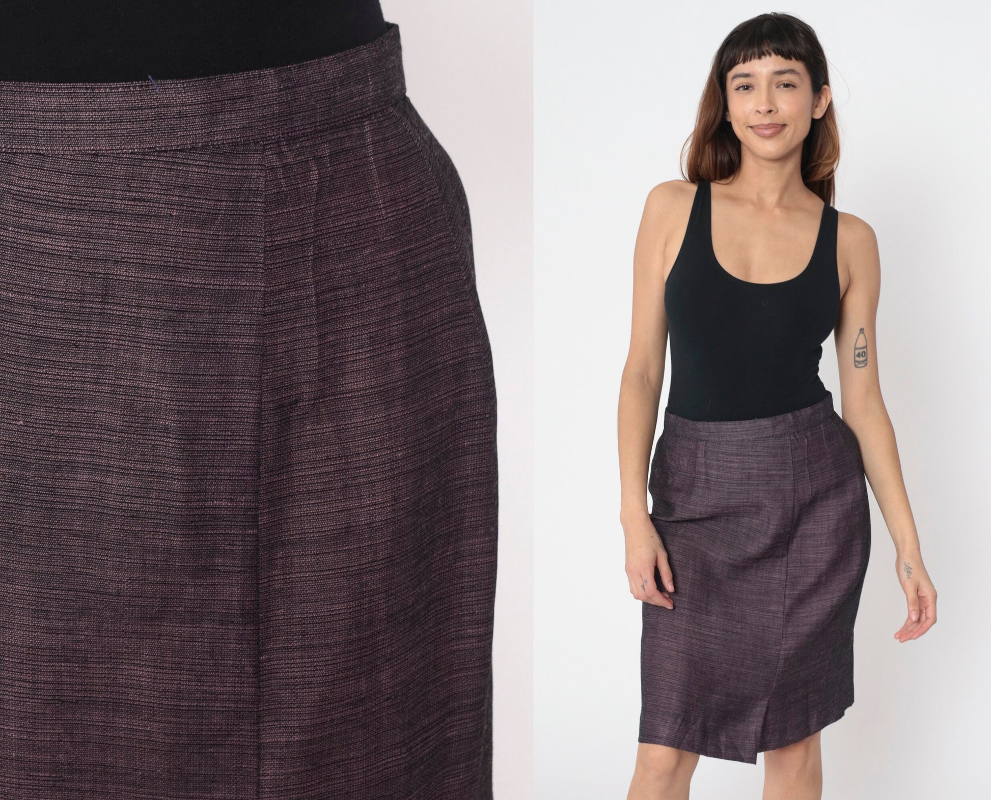 80s Heathered Black Pink Pencil Skirt High Waist Midi Kick Pleat Medium