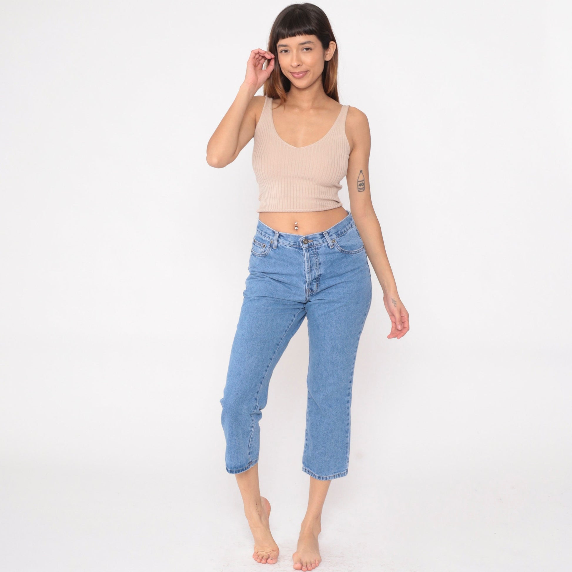90s Capri Jeans Button Fly Mid Rise Cropped Denim Blue Small