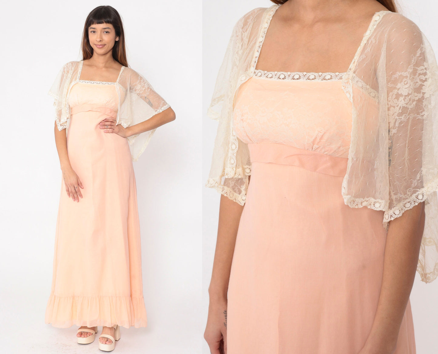 70s Peach Lace Maxi Dress Empire Waist Flutter Sleeve Small