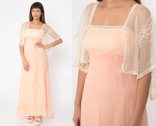 70s Peach Lace Maxi Dress Empire Waist Flutter Sleeve Small