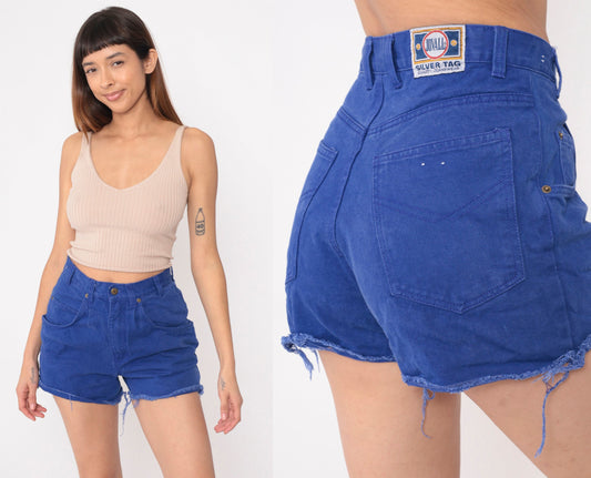 90s Royal Blue Denim Cutoff Shorts High Waisted Frayed Hem Small