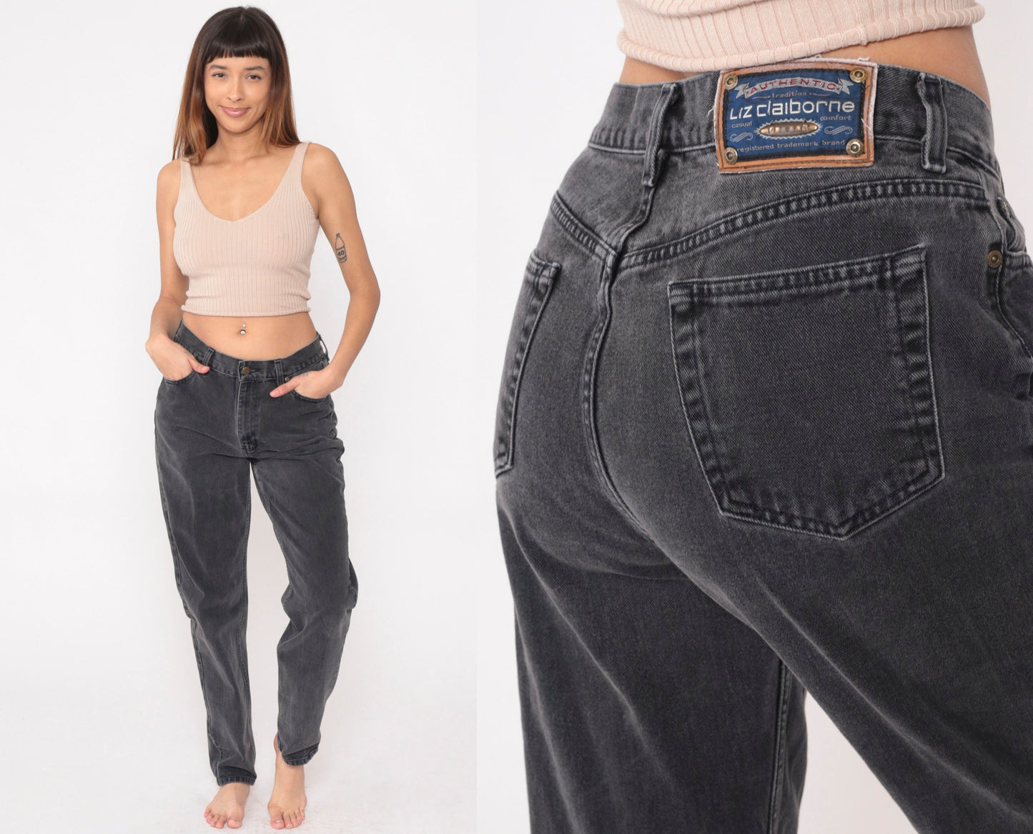 90s Liz Claiborne Faded Black Mom Jeans Tapered Mid Rise Denim Long Medium