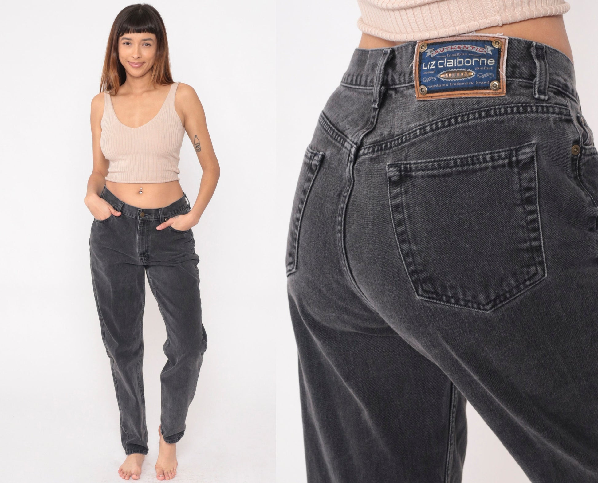 90s Liz Claiborne Faded Black Mom Jeans Tapered Mid Rise Denim Long Medium