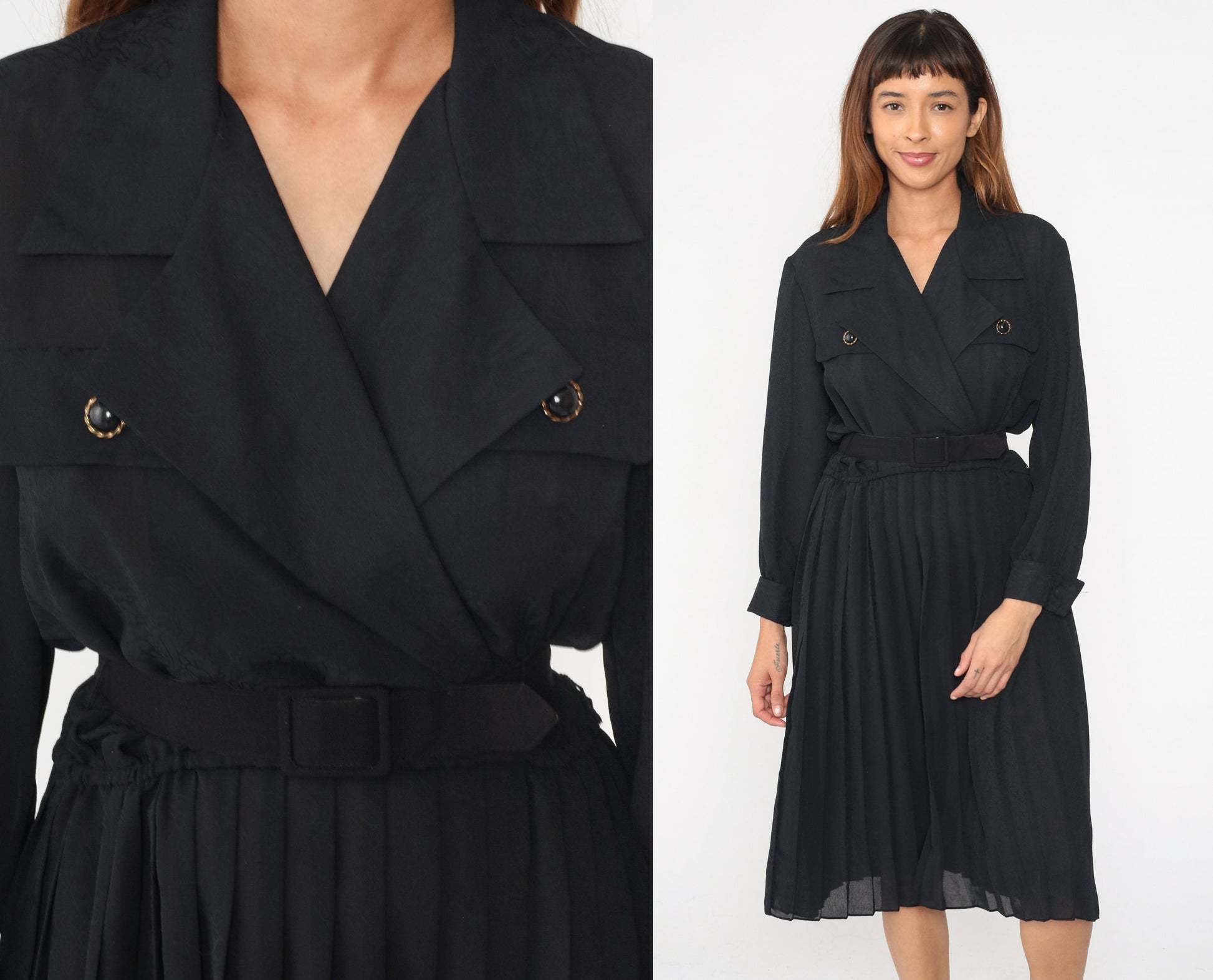 90s Black Wrap Midi Dress Surplice V-Neck High Waist Long Sleeve Medium 8