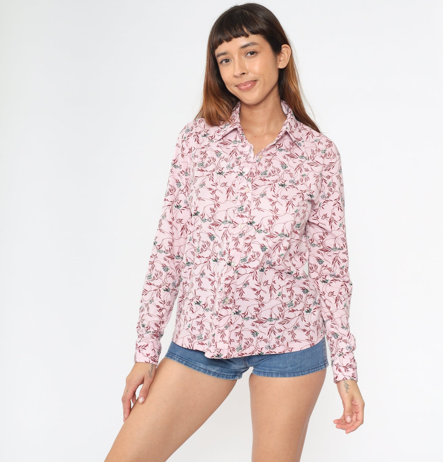 70s Disco Floral Vine Print Blouse Baby Pink Pointed Collar Long Sleeve Large