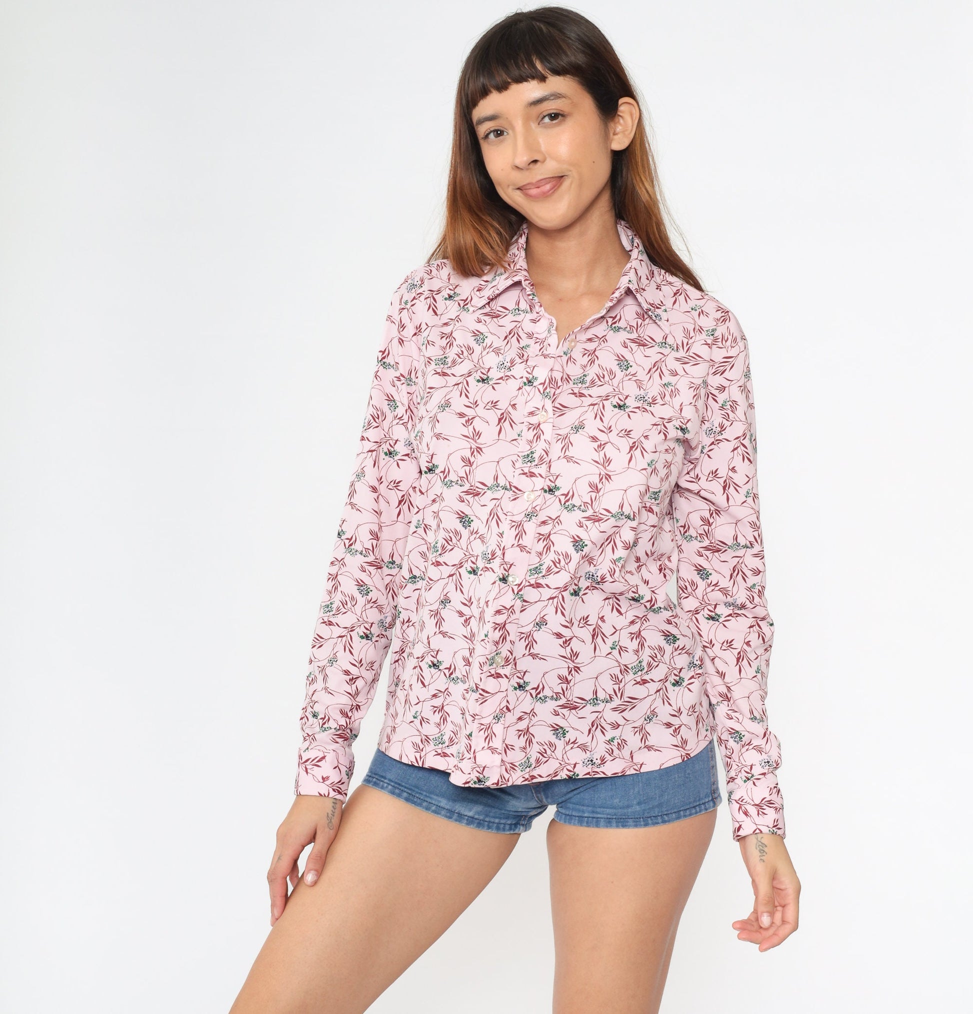70s Disco Floral Vine Print Blouse Baby Pink Pointed Collar Long Sleeve Large