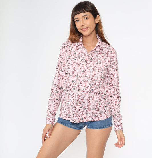 70s Disco Floral Vine Print Blouse Baby Pink Pointed Collar Long Sleeve Large