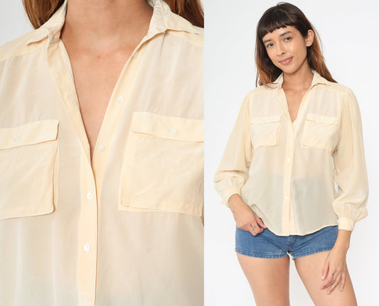 90s Liz Claiborne Cream Silk Button-Up Blouse Cargo Pockets Small