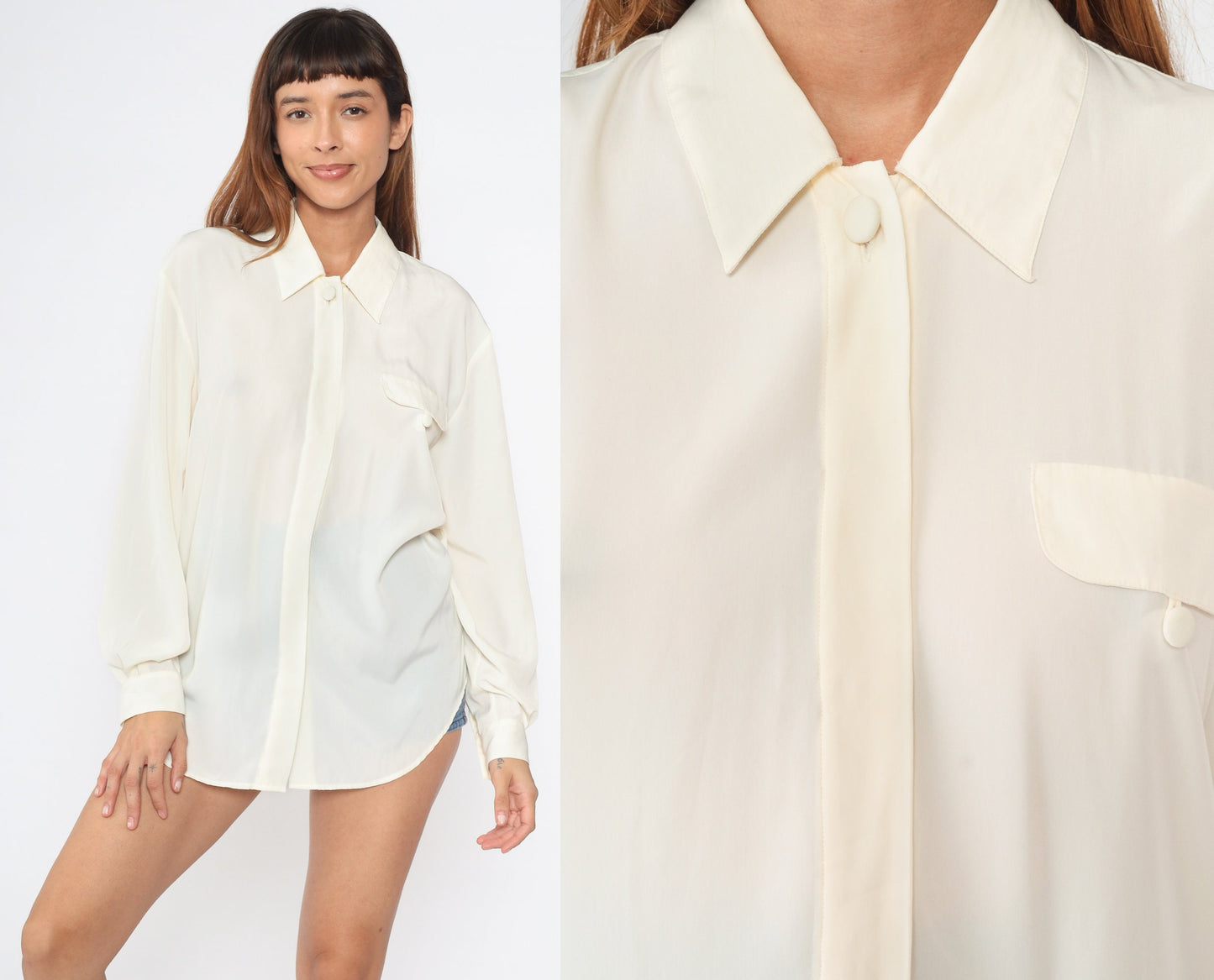 90s Cream Collared Blouse Hidden Button Long Sleeve Medium