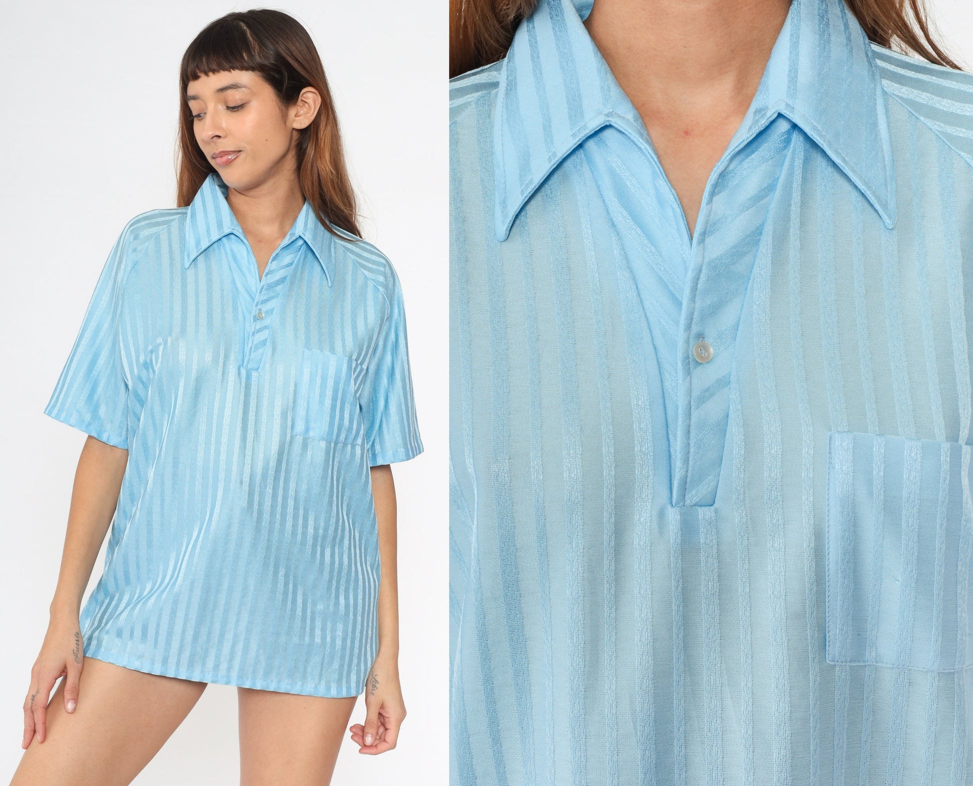 70s Lily Dache Baby Blue Striped Polo Shirt Men's Large L