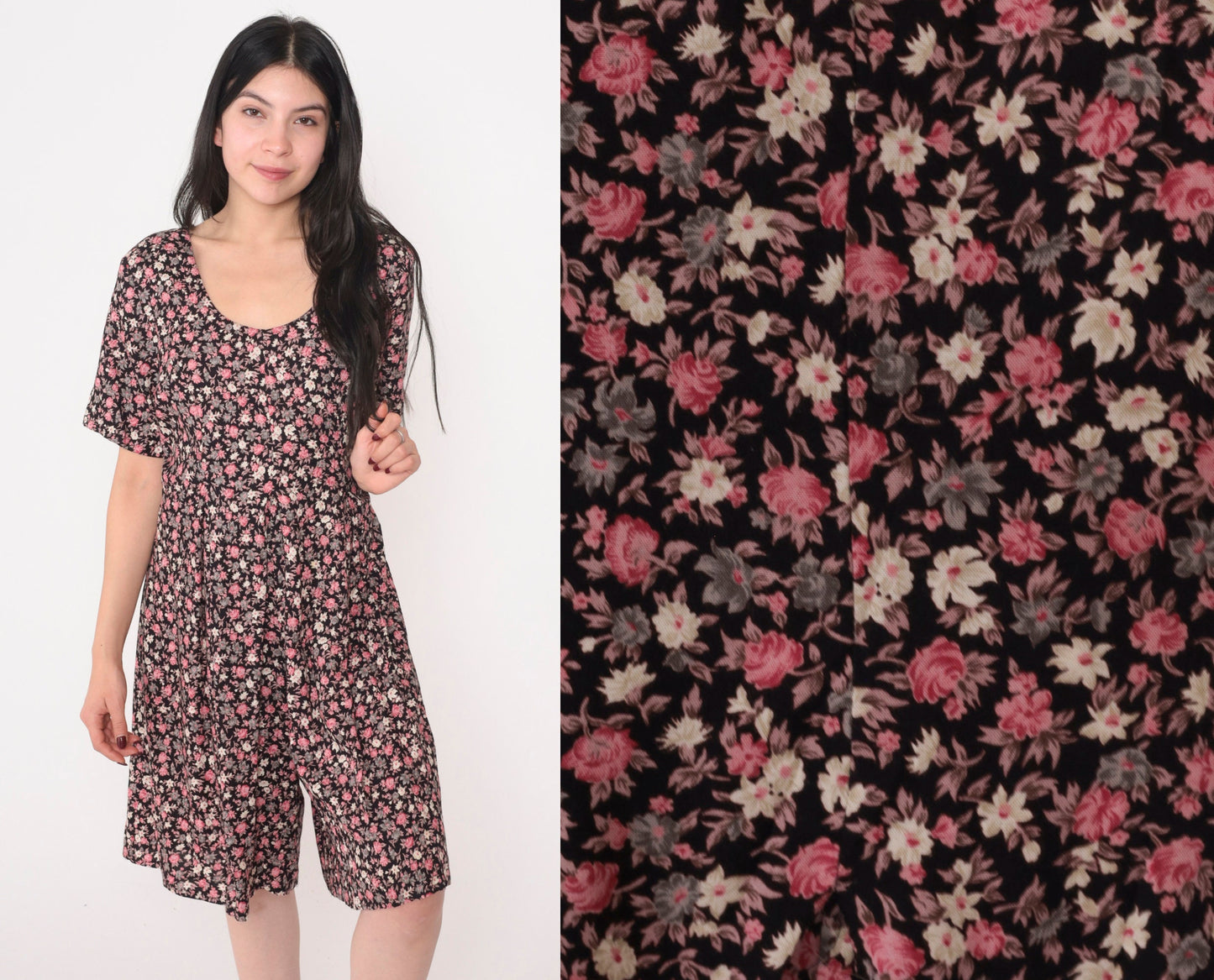 90s Expressions Floral Romper Wide Leg Pleated Shorts Black Pink Medium M