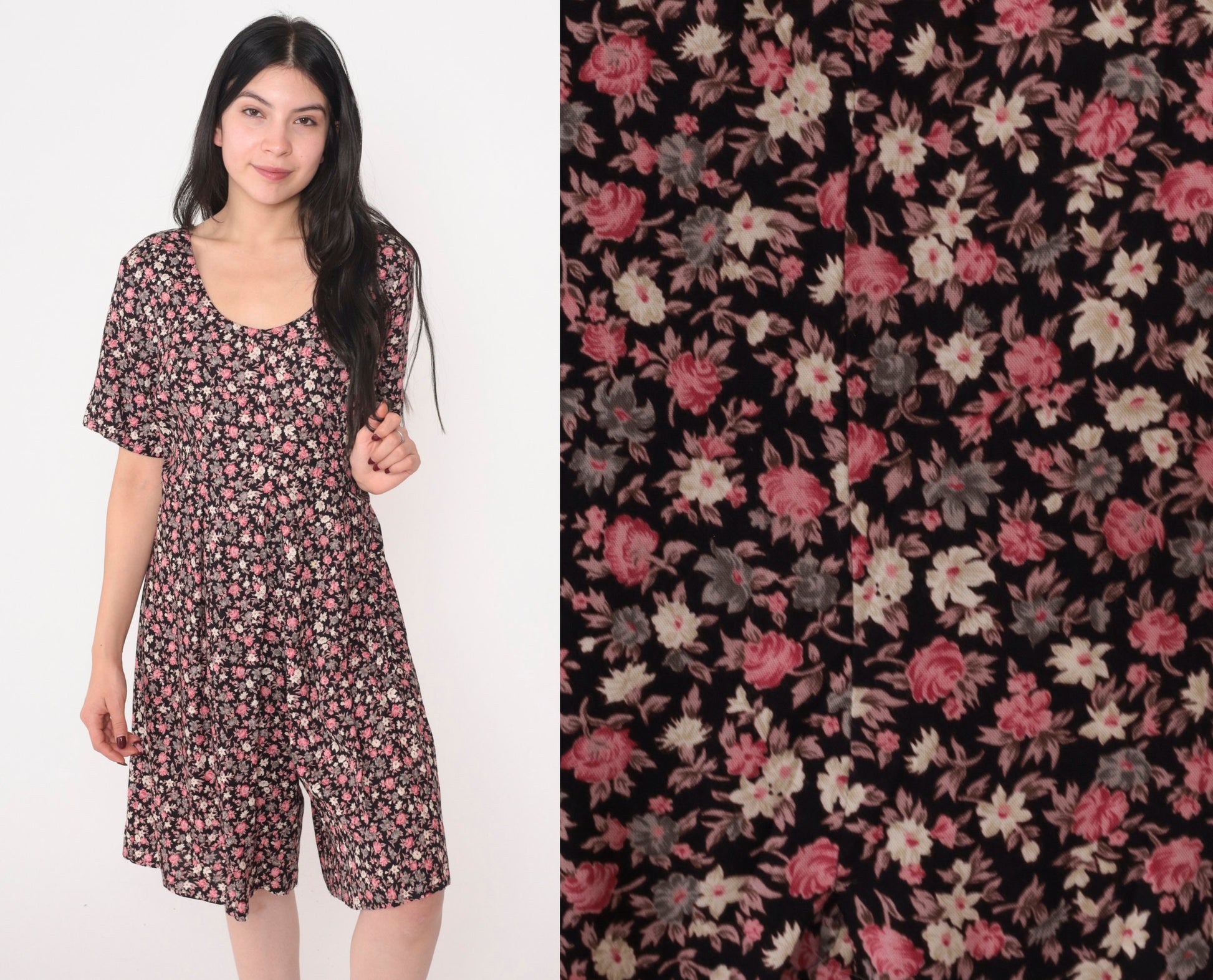 90s Expressions Floral Romper Wide Leg Pleated Shorts Black Pink Medium M