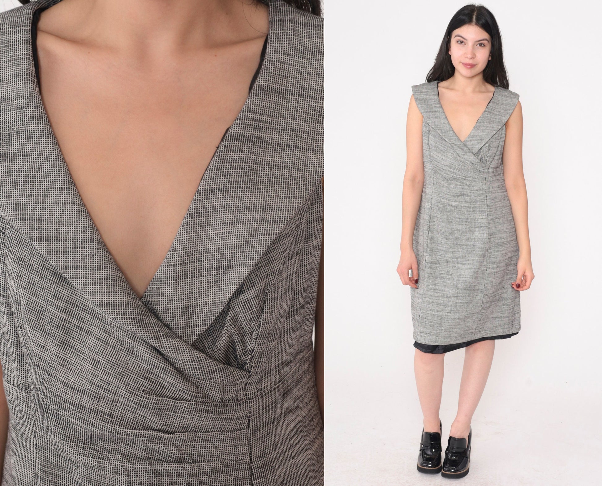 90s AB Studio Black White Woven Mini Dress Empire Waist Wide Collar Large 14
