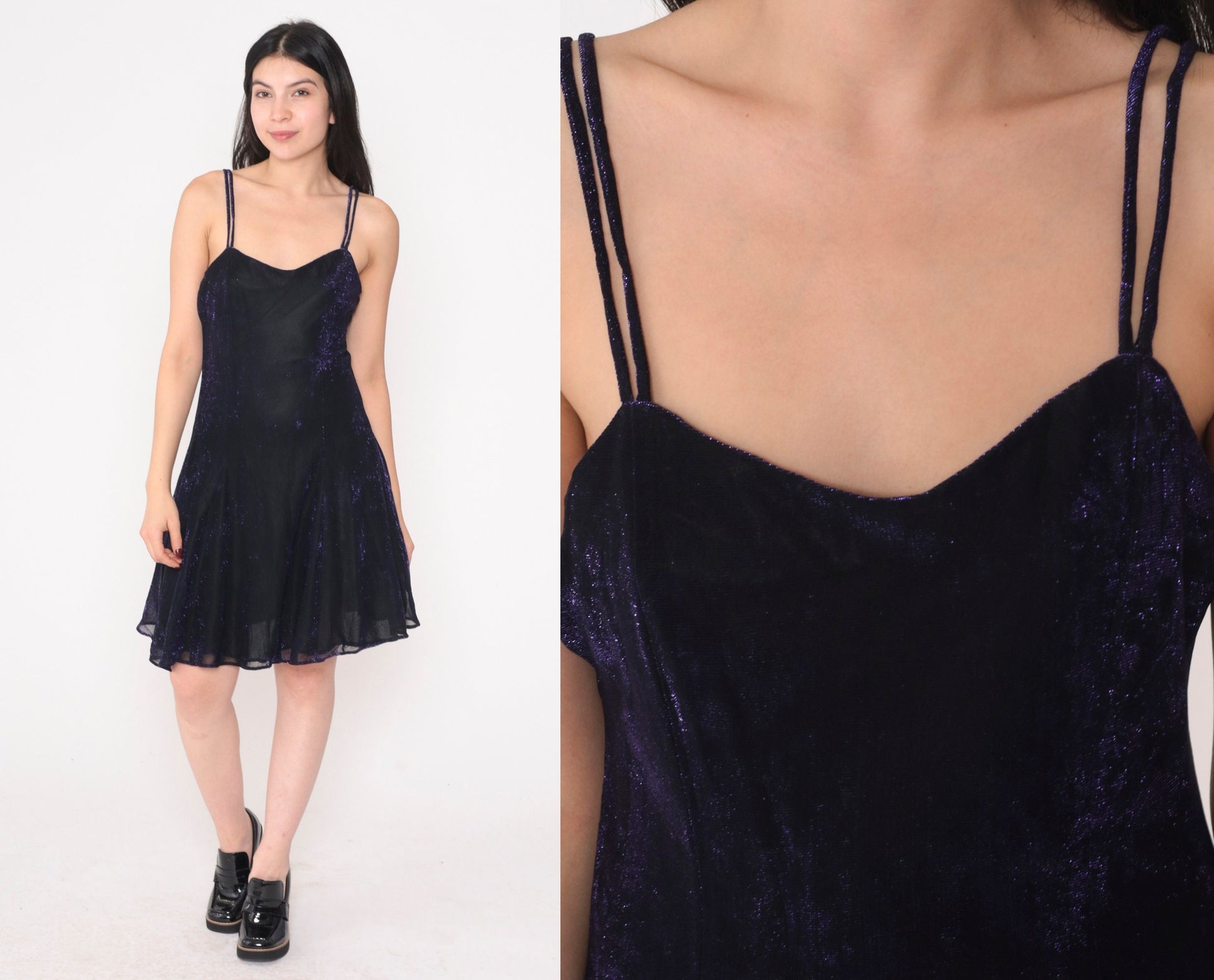 90s All That Jazz Metallic Purple Mini Dress Sleeveless Skater Large L