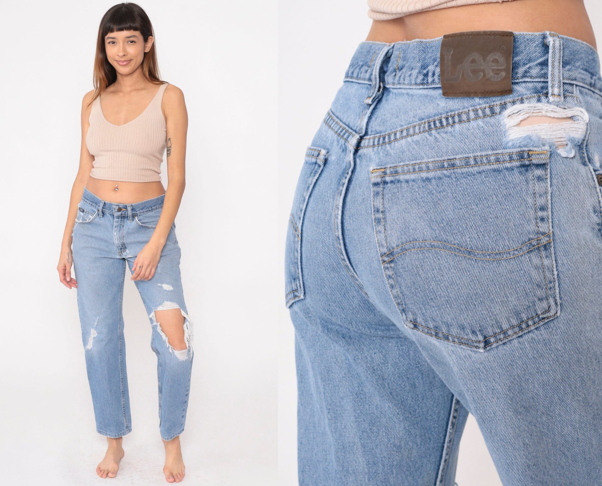 90s Lee Jeans Mid Rise Straight Leg Ripped Knee Blue Denim Medium
