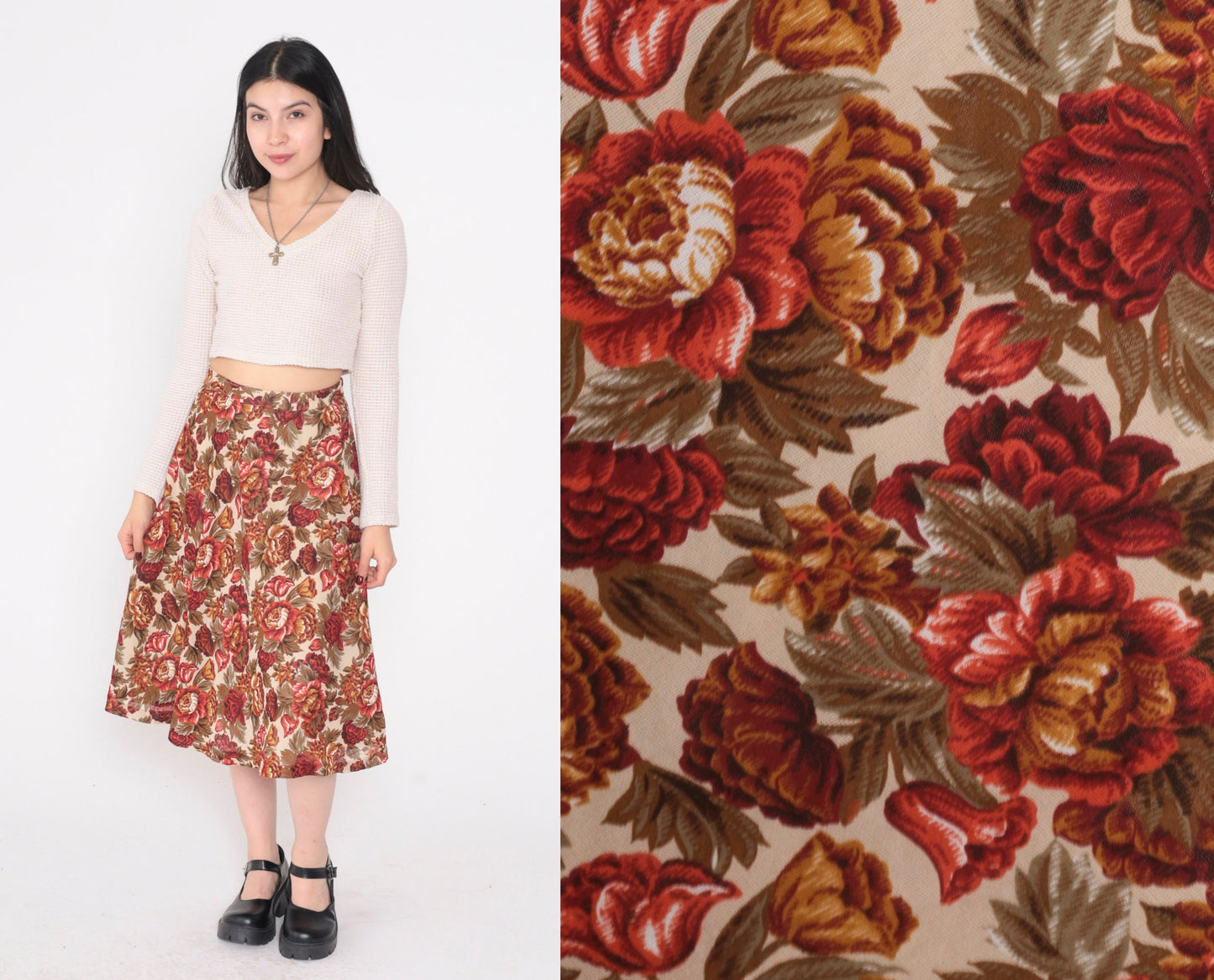 90s White Floral Midi Skirt High Waisted Rose Print A-Line Extra Small