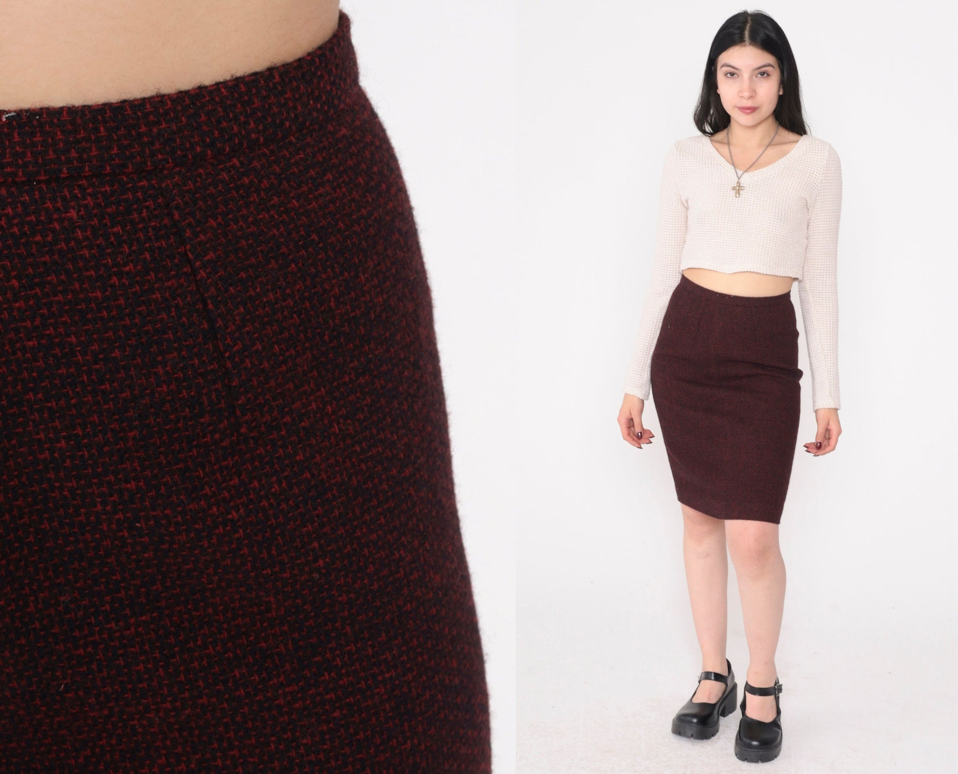 90s Calvin Klein Wool Pencil Skirt Red Black Mini High Waist Extra Small