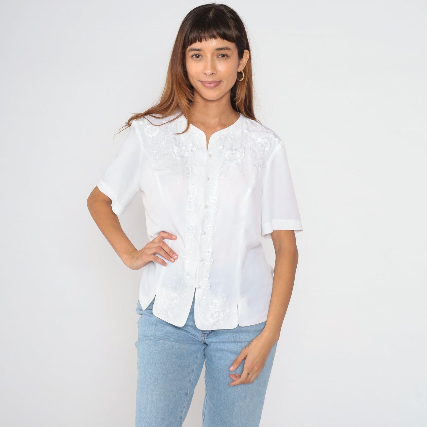90s White Embroidered Pearl Beaded Button-Up Blouse Short Sleeve Large L