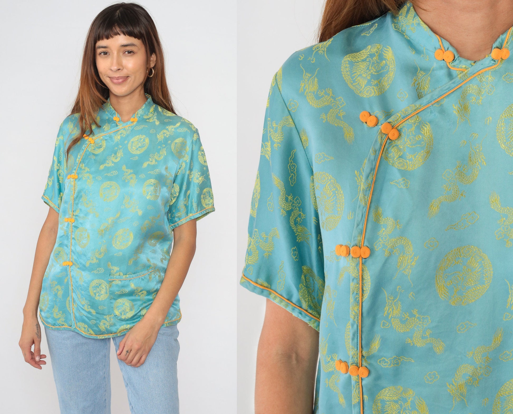 80s Cheongsam Blouse Blue Dragon Medallion Mandarin Collar Frog Button Medium