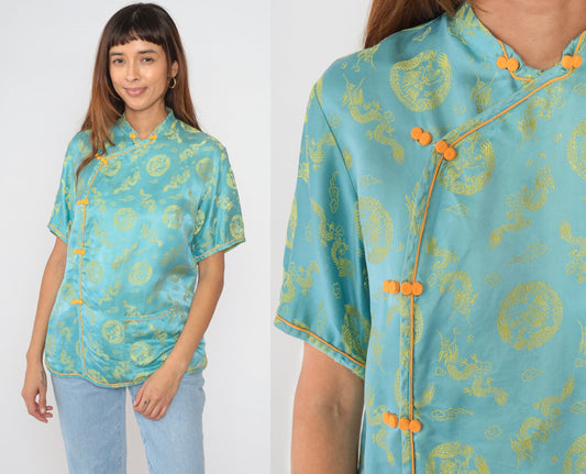 80s Cheongsam Blouse Blue Dragon Medallion Mandarin Collar Frog Button Medium