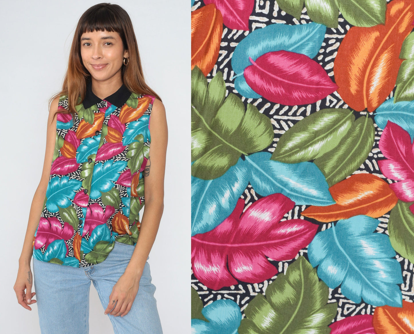 90s Tropical Leaf Print Button-Up Tank Top Collared Blouse Large L