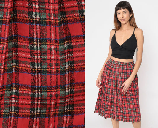 80s Red Plaid Silk Midi Skirt Pleated High Waist Small