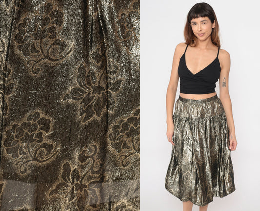 90s Gold Floral Midi Skirt High Waisted Metallic Yoke Small