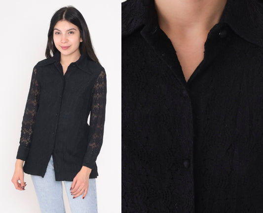 80s Black Lace Blouse Long Sleeve Button Up Floral Cutout Top Small