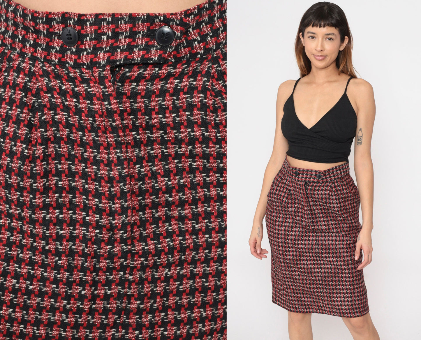 80s Diane von Furstenberg Houndstooth Pencil Skirt High Waisted Black Red White Small