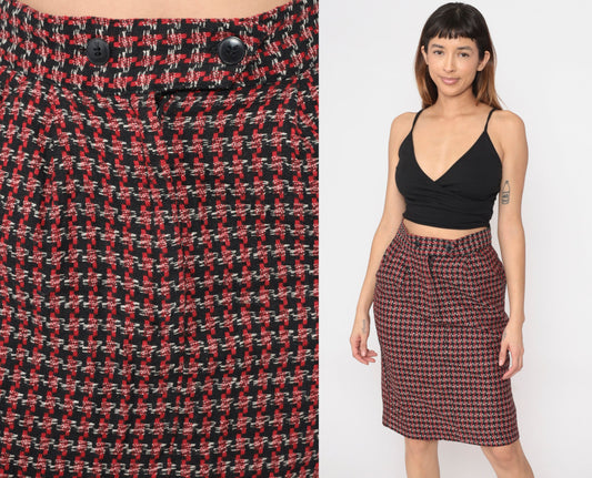 80s Diane von Furstenberg Houndstooth Pencil Skirt High Waisted Black Red White Small
