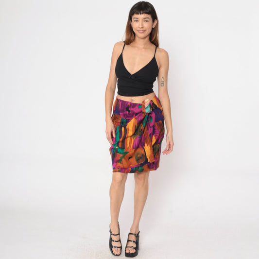 90s Sue Brett Abstract Watercolor Mini Skirt Faux Wrap Elastic Waist Medium Large