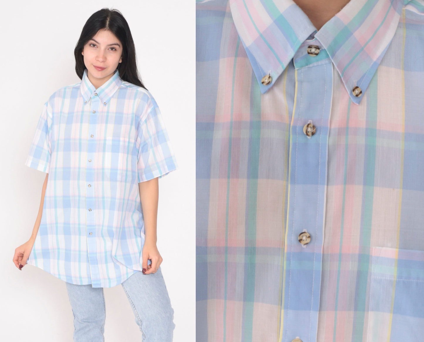 90s Plaid Button-Up Shirt Short Sleeve Collared Blouse Large L