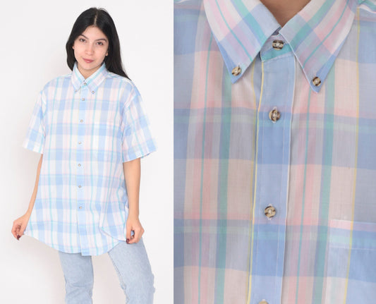 90s Plaid Button-Up Shirt Short Sleeve Collared Blouse Large L